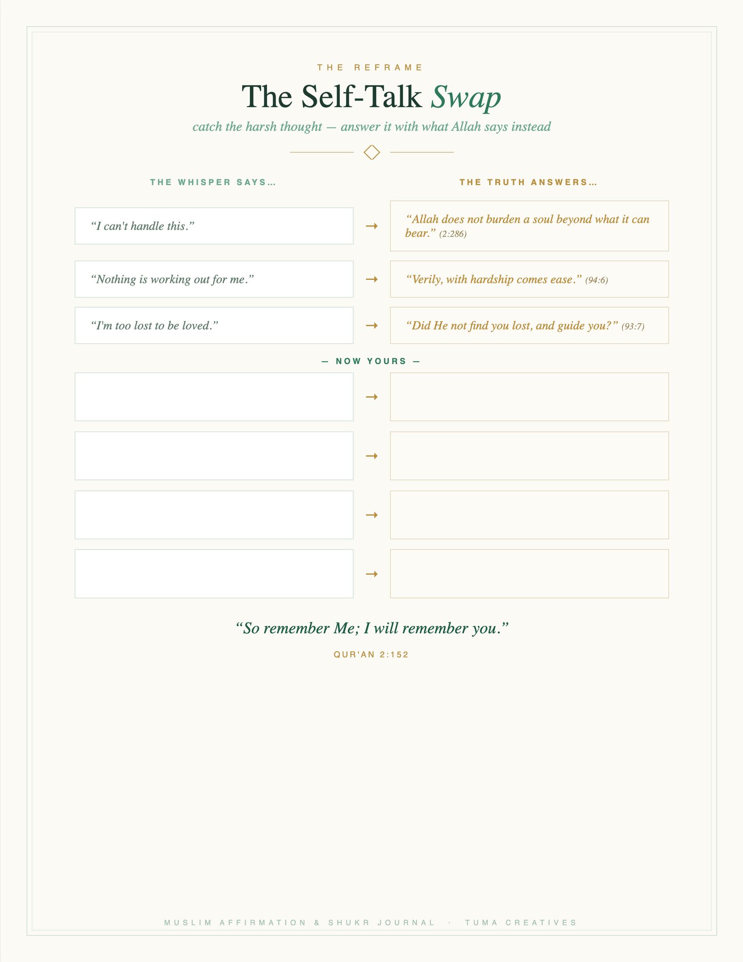 Muslim Affirmation & Shukr Journal — The Self-Talk Swap — answered with Quran
