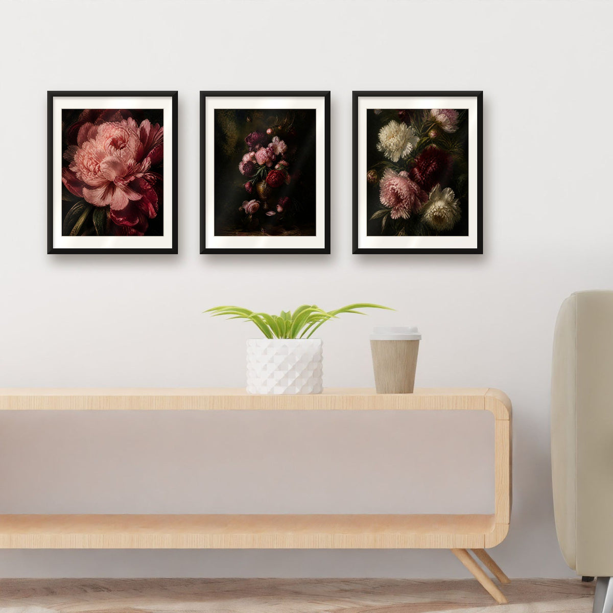 Set of 3 vintage peony oil painting prints above a wooden sideboard