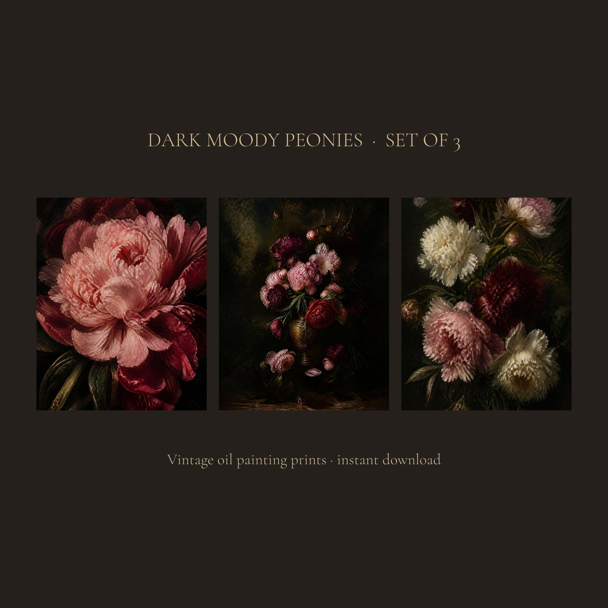 Dark Moody Peonies set of 3 prints