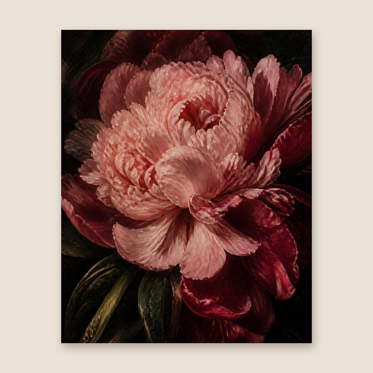 Blush peony dark moody oil painting print