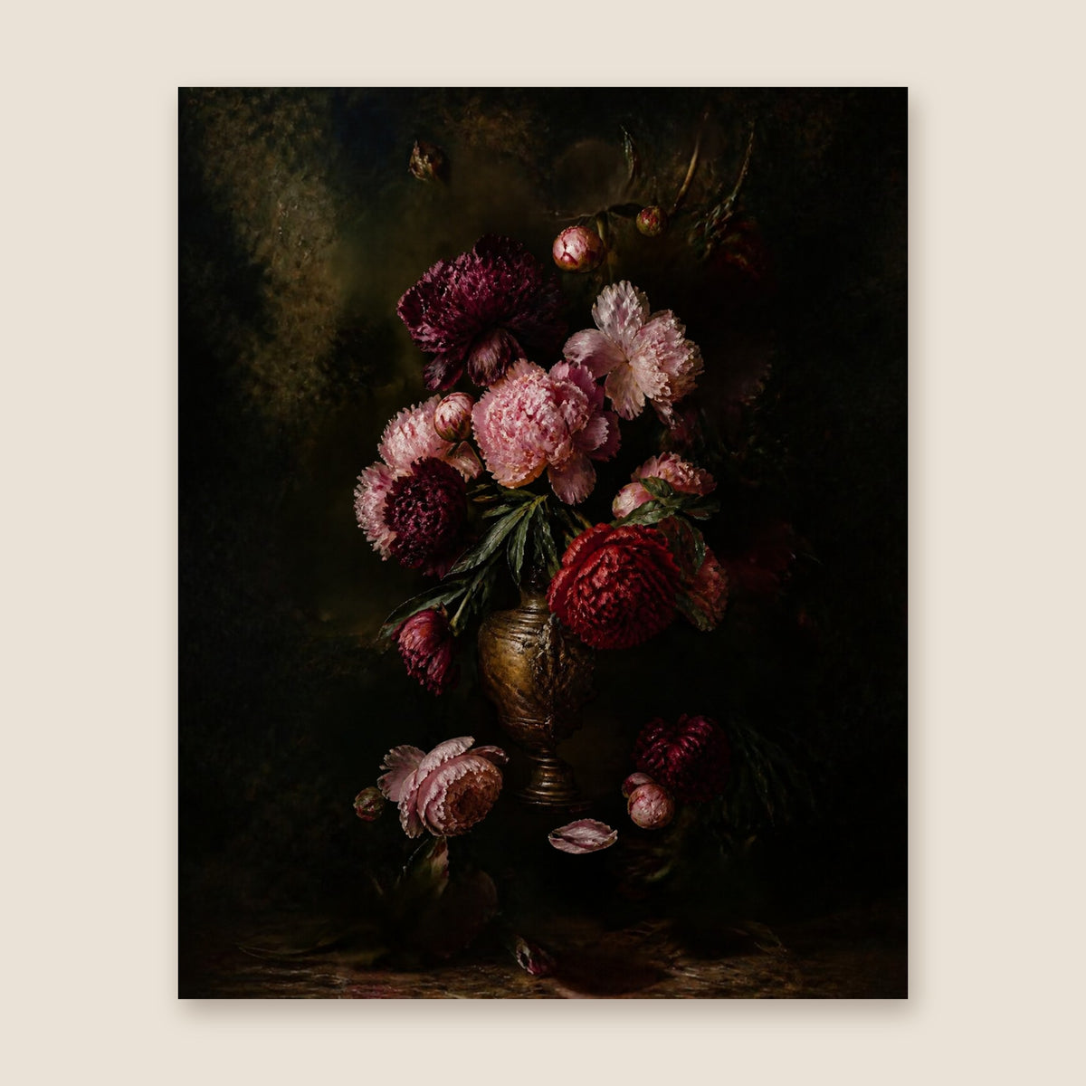 Peonies in a bronze vase dark still life print
