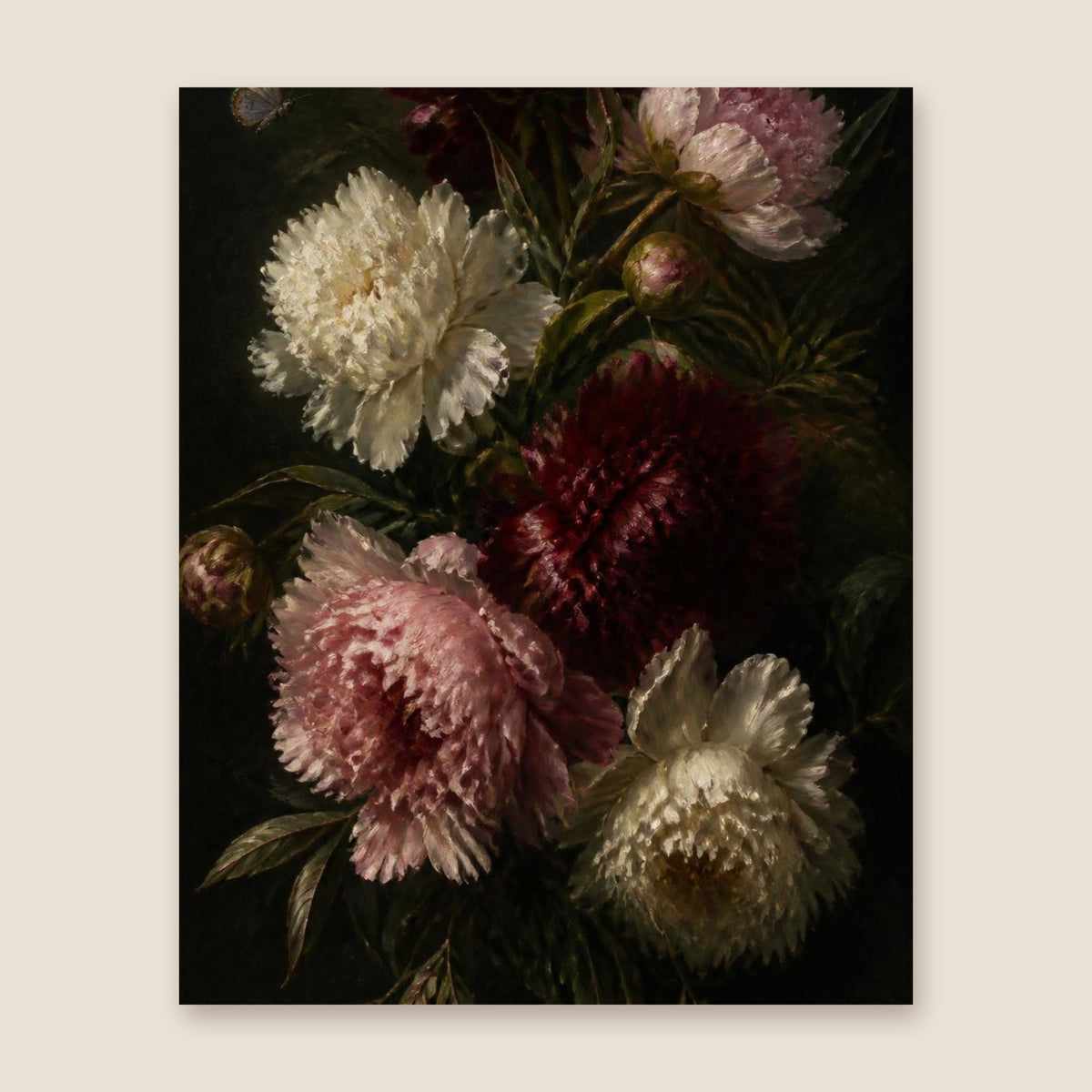 Peony bouquet with butterfly dark floral print