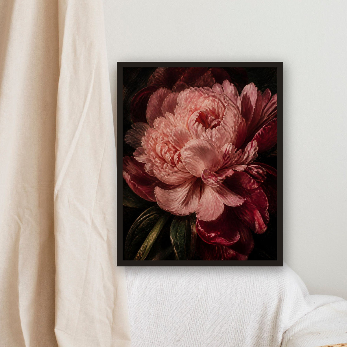 Blush peony print framed in a bedroom