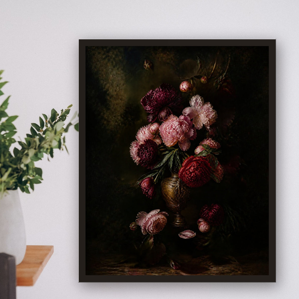 Peonies in vase print framed on a shelf wall