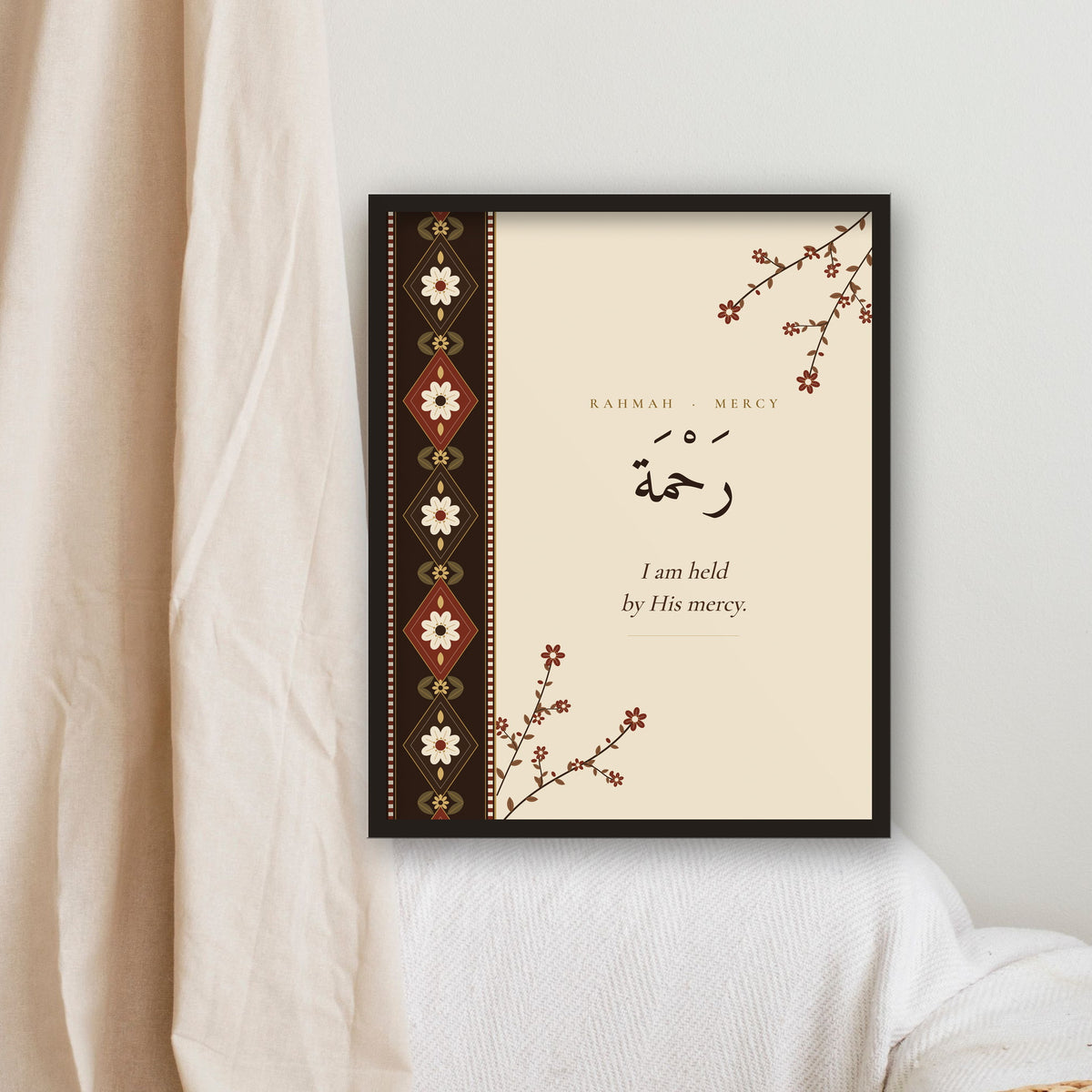 Rahmah Islamic affirmation wall art framed on a bedroom wall