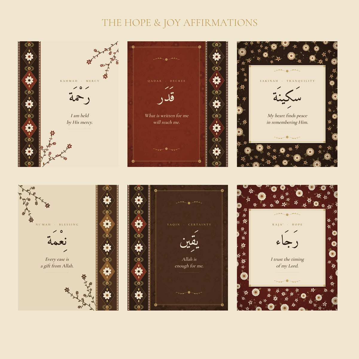 The Hope & Joy Affirmations — six Islamic floral wall art prints
