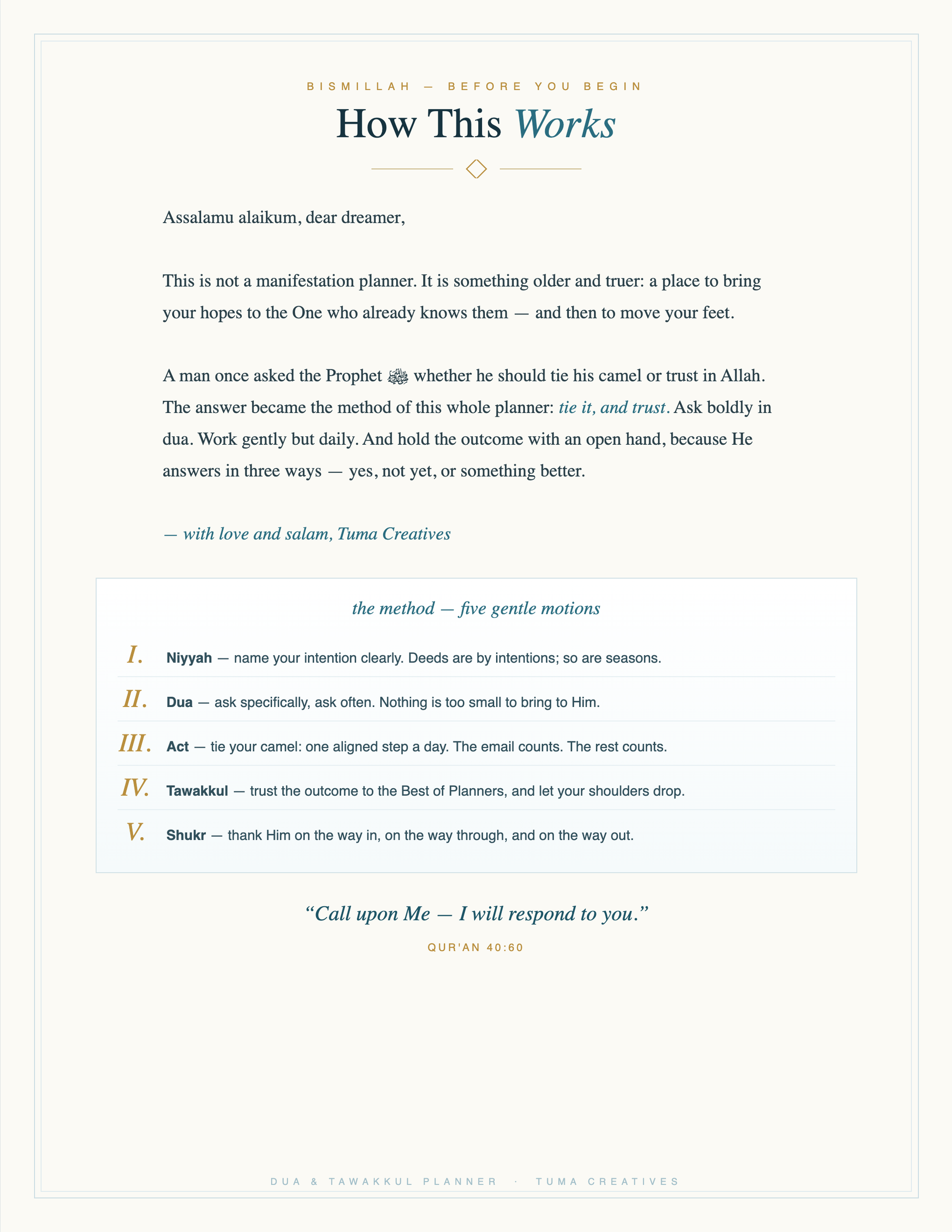 Dua & Tawakkul Planner — How This Works — the 5-motion method