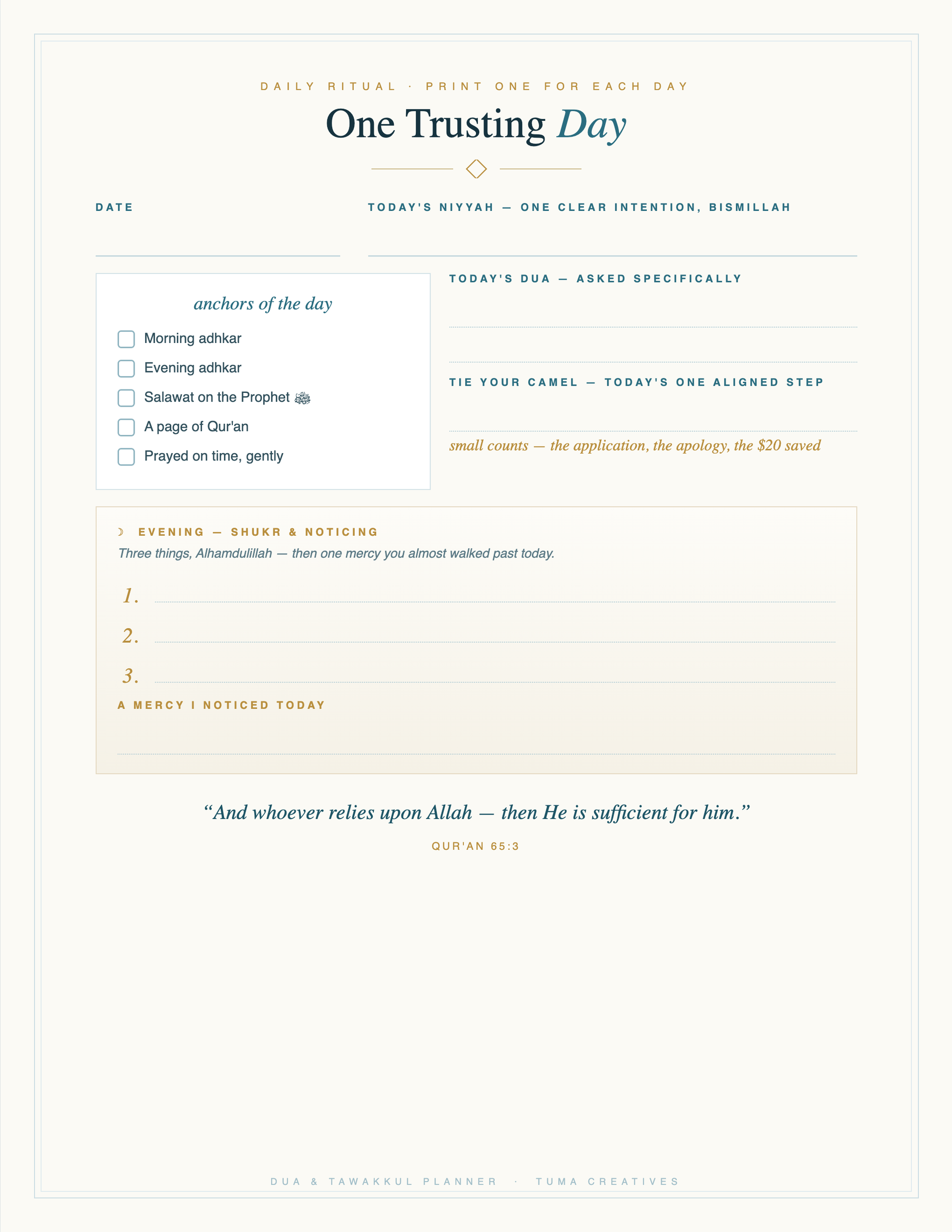 Dua & Tawakkul Planner — One Trusting Day — daily ritual