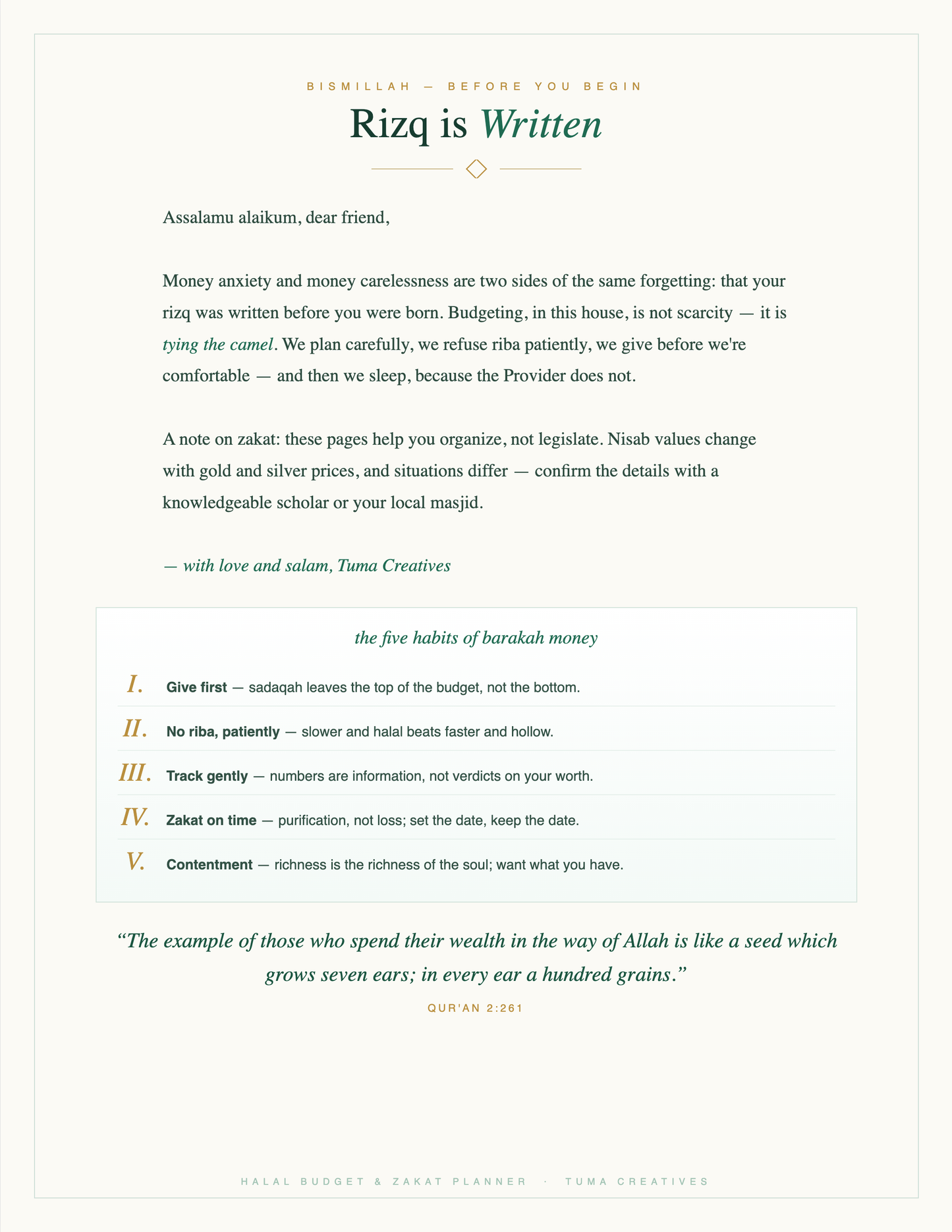 Halal Budget & Zakat Planner — Rizq is Written — five habits of barakah money