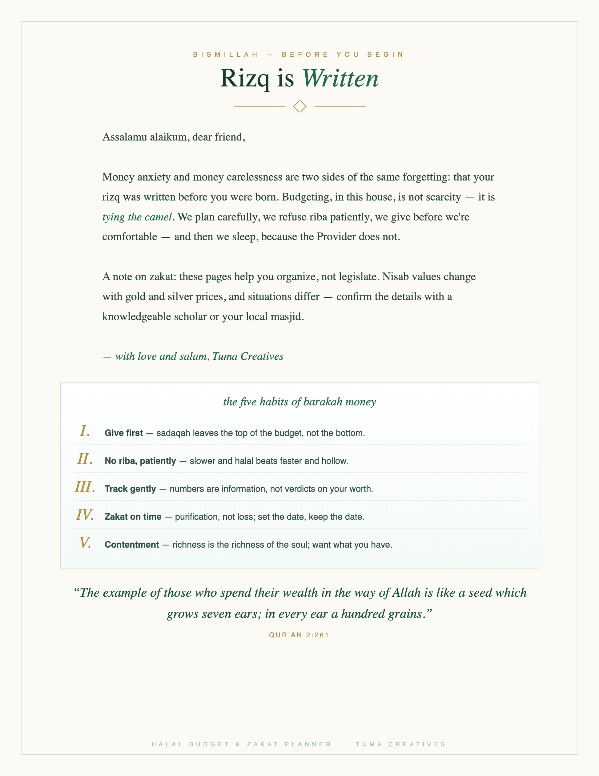 Halal Budget & Zakat Planner — Rizq is Written — five habits of barakah money