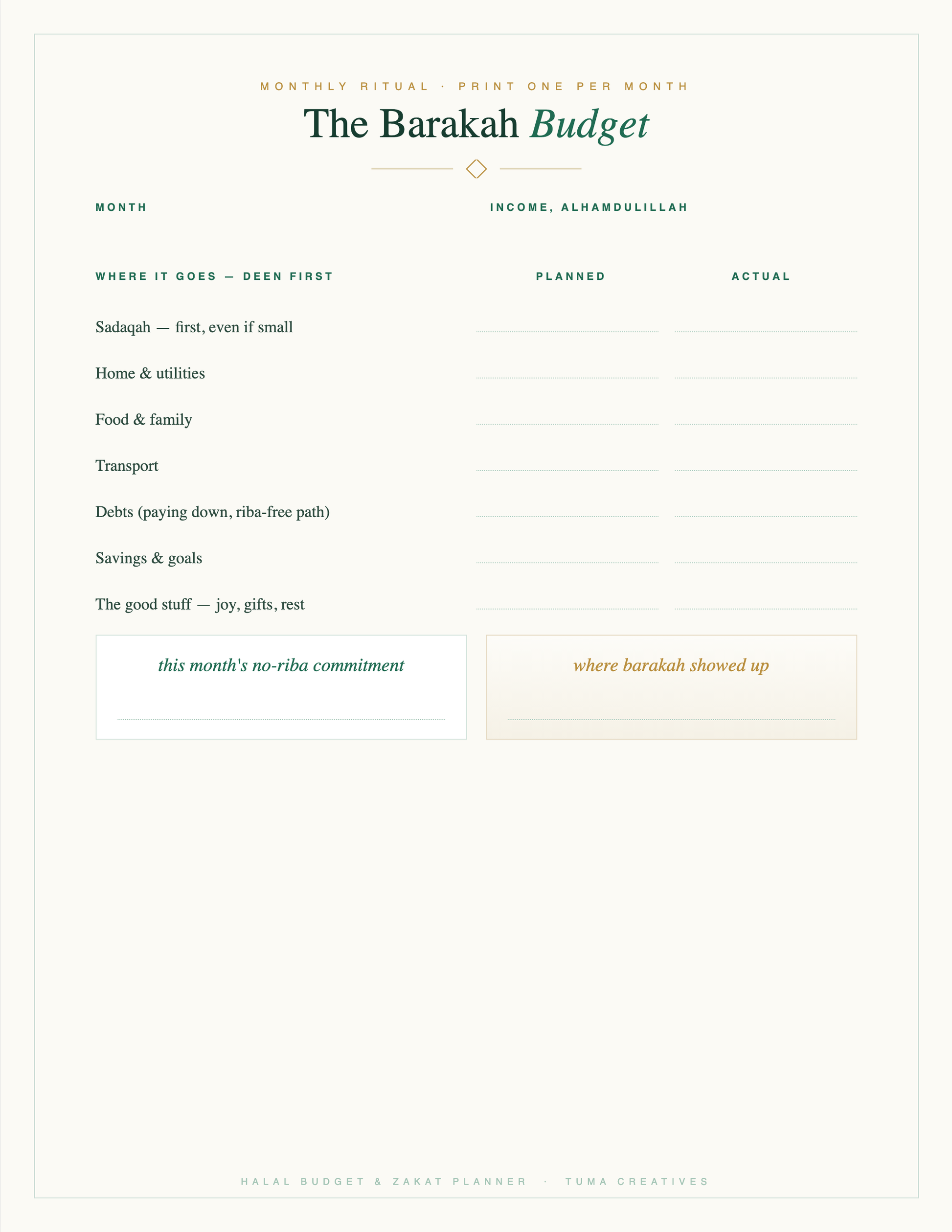 Halal Budget & Zakat Planner — The Barakah Budget — monthly page