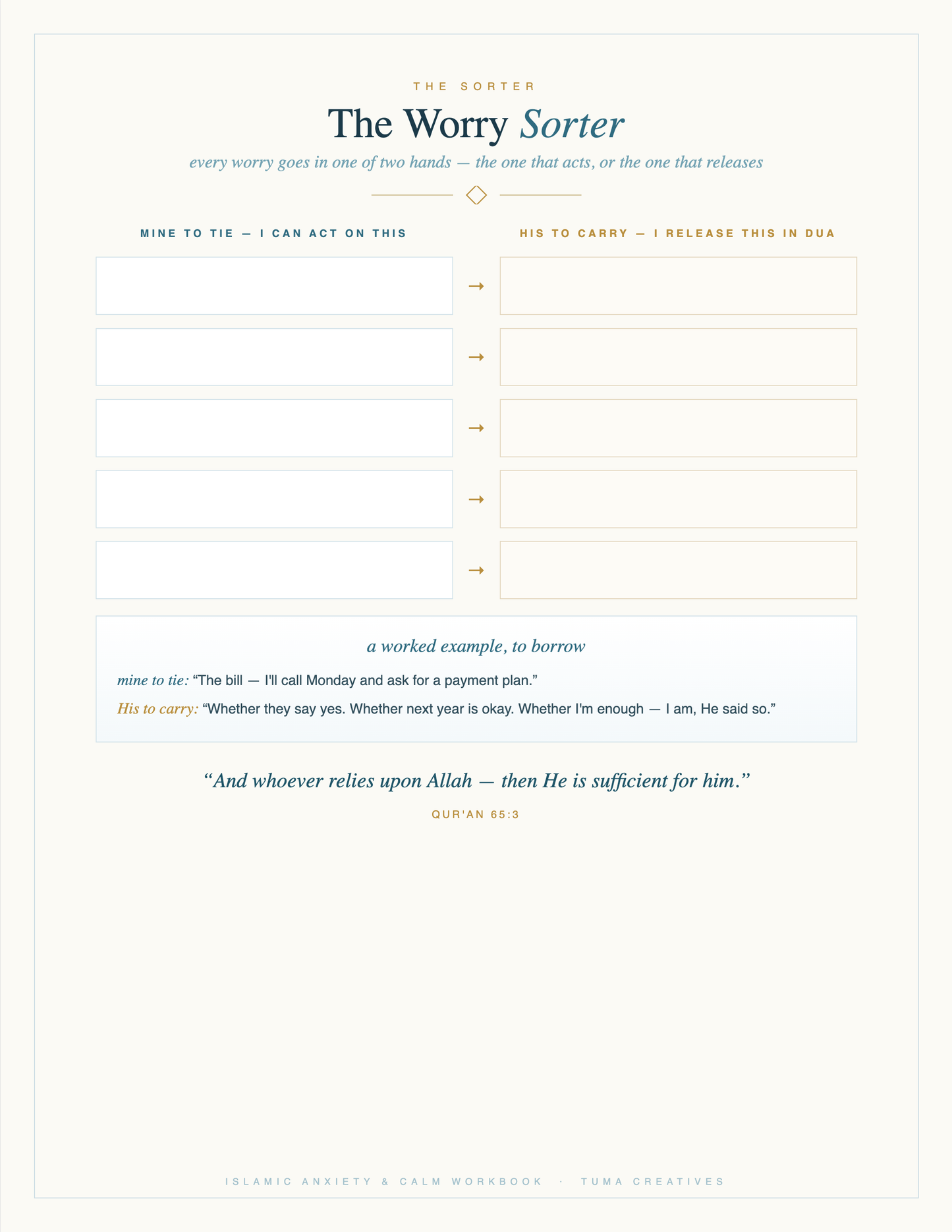 Islamic Anxiety & Calm Workbook — The Worry Sorter