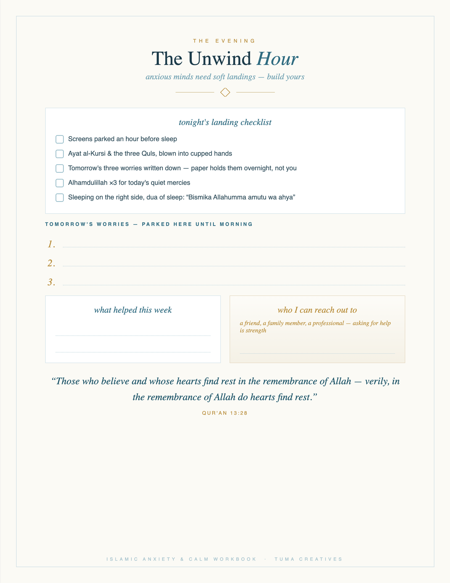 Islamic Anxiety & Calm Workbook — The Unwind Hour — evening ritual