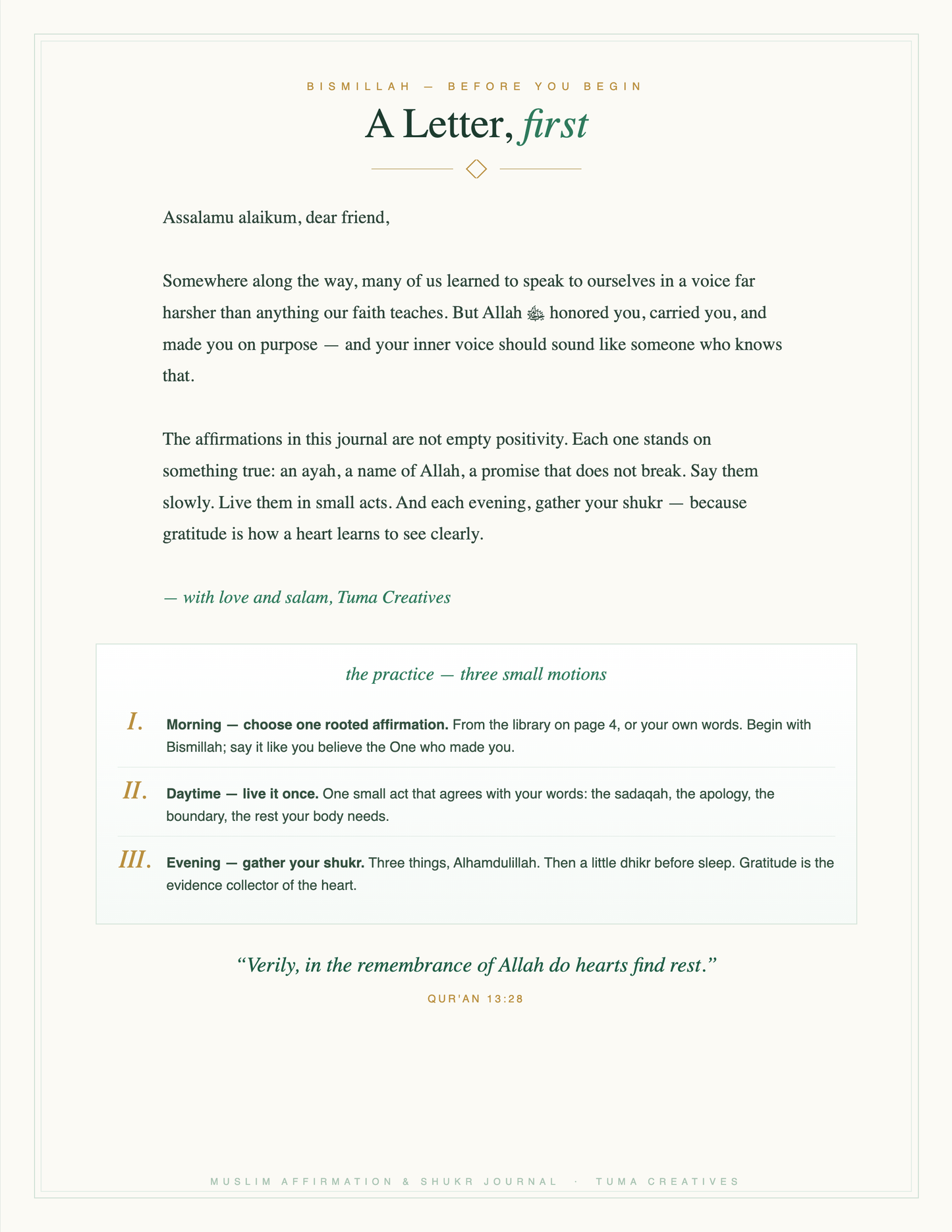 Muslim Affirmation & Shukr Journal — A letter first — welcome & the practice