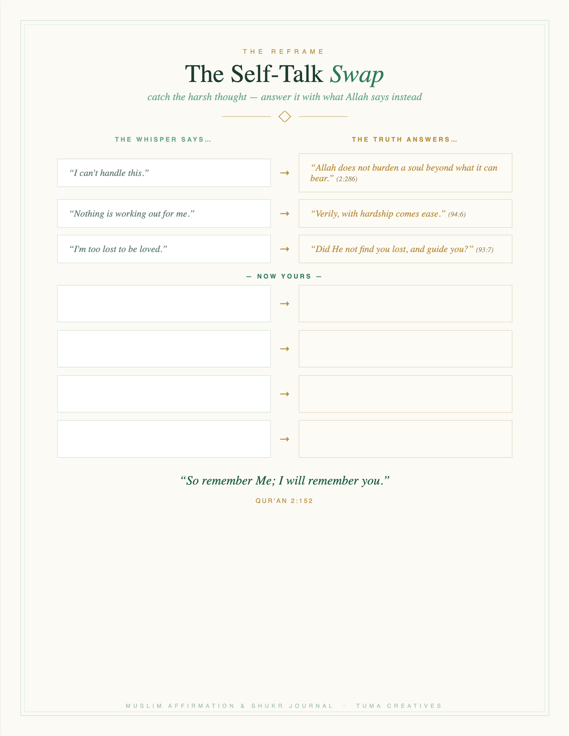 Muslim Affirmation & Shukr Journal — The Self-Talk Swap — answered with Quran