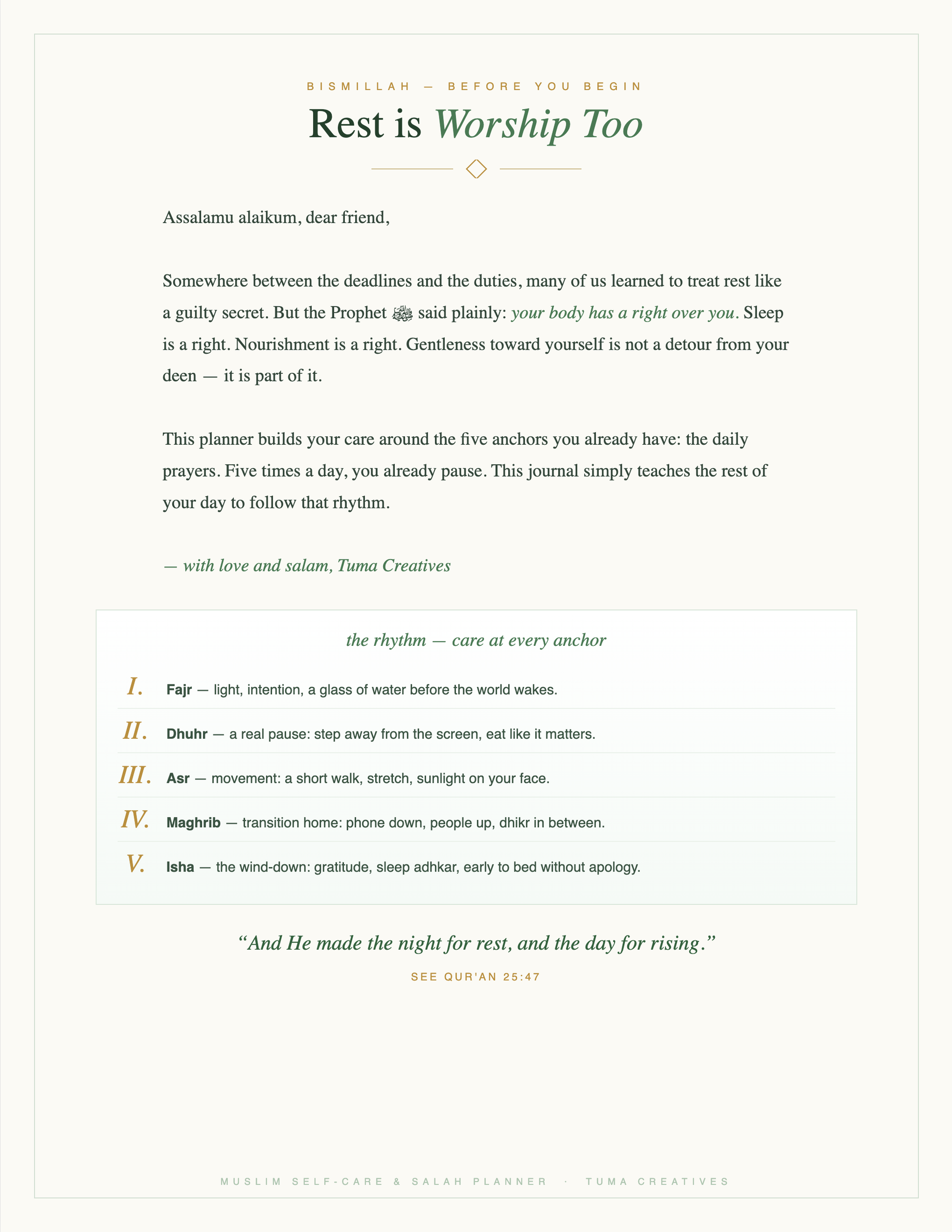 Muslim Self-Care & Salah Planner — Rest is Worship Too — welcome & the rhythm