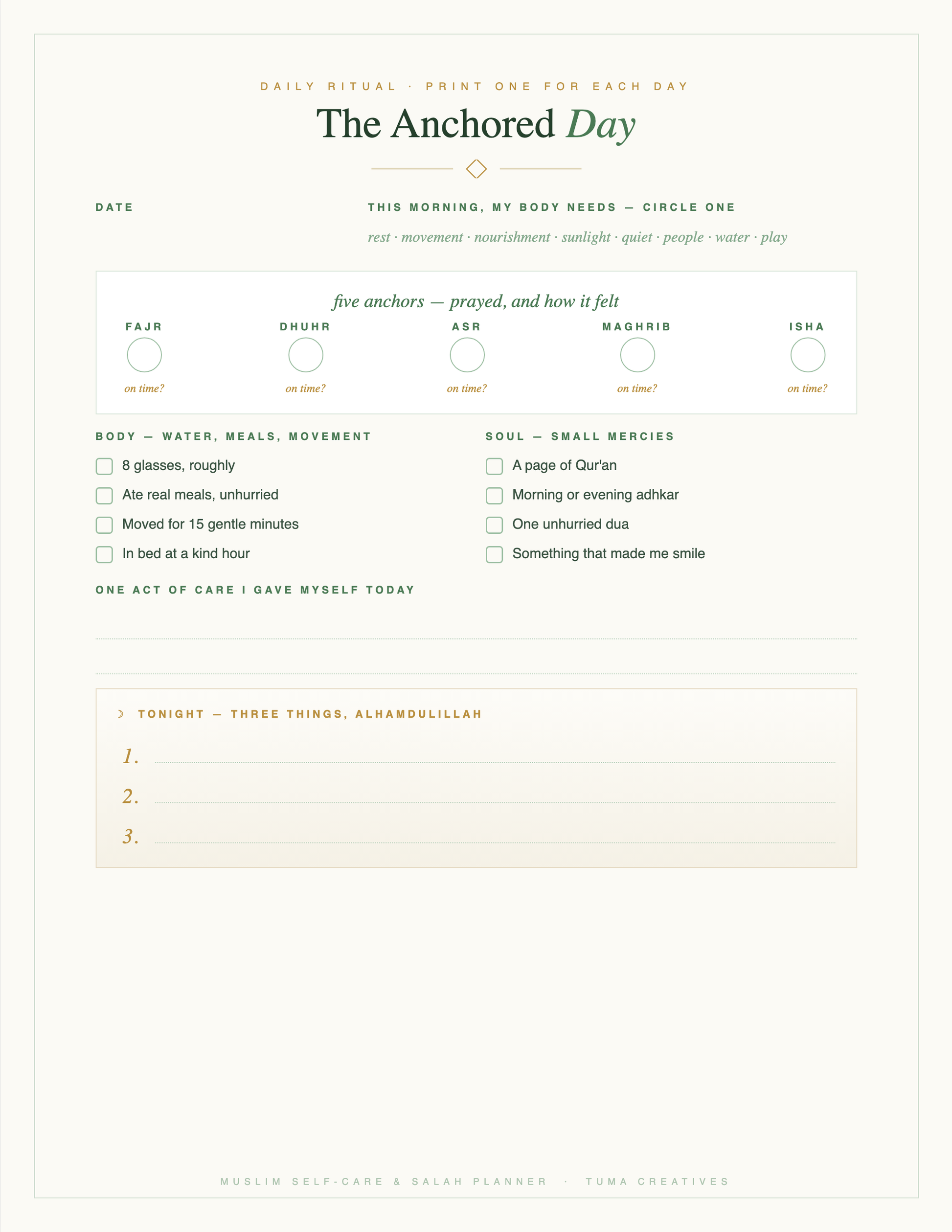 Muslim Self-Care & Salah Planner — The Anchored Day — daily salah & self-care page