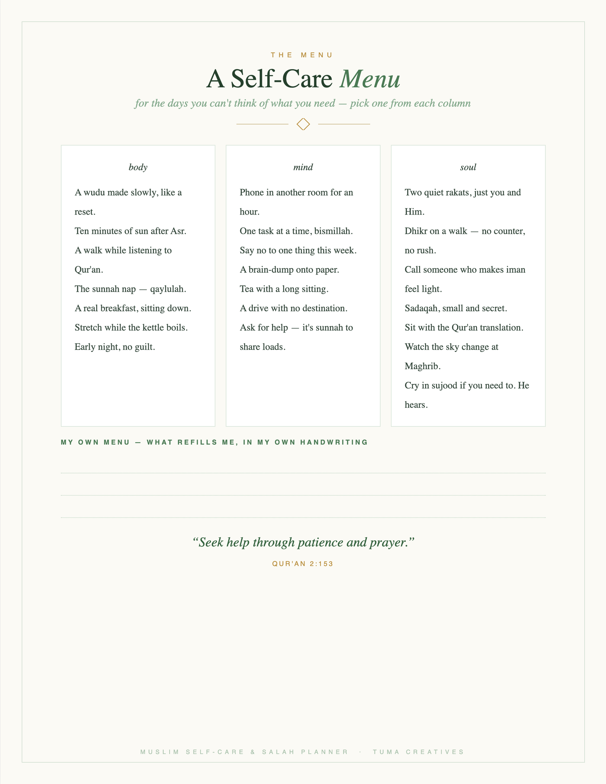 Muslim Self-Care & Salah Planner — The Self-Care Menu — body, mind, soul