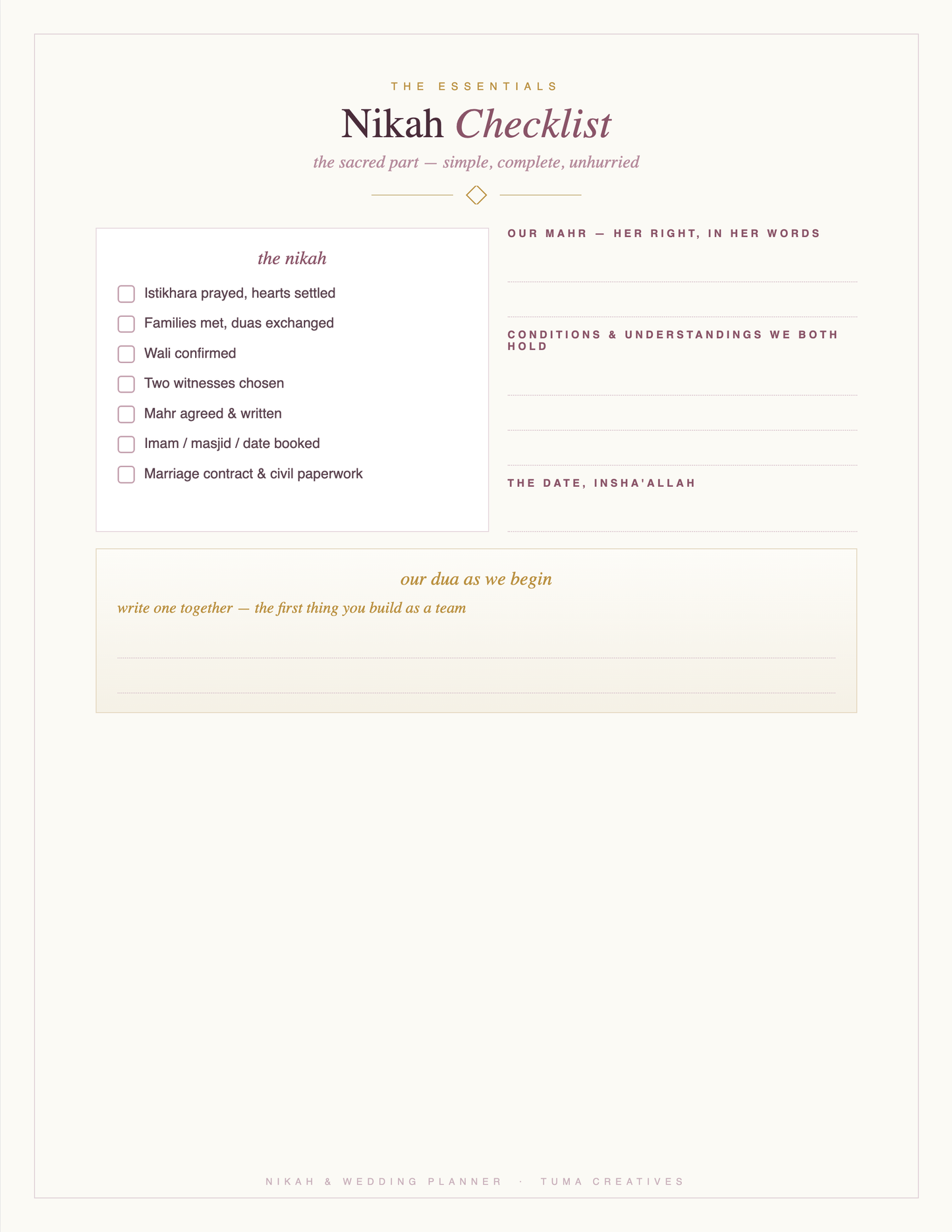Nikah & Wedding Planner — Nikah Checklist & mahr page