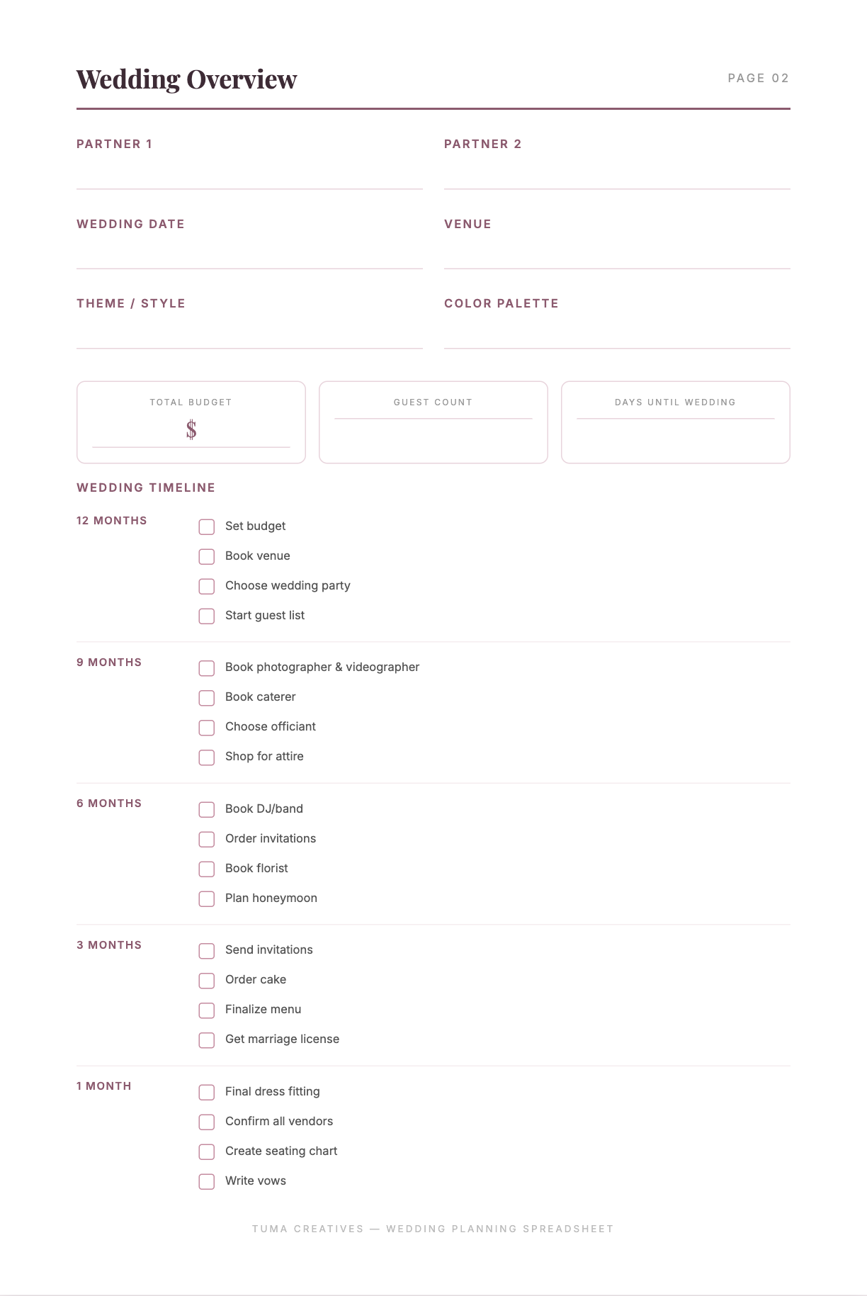 Wedding Planning Spreadsheet