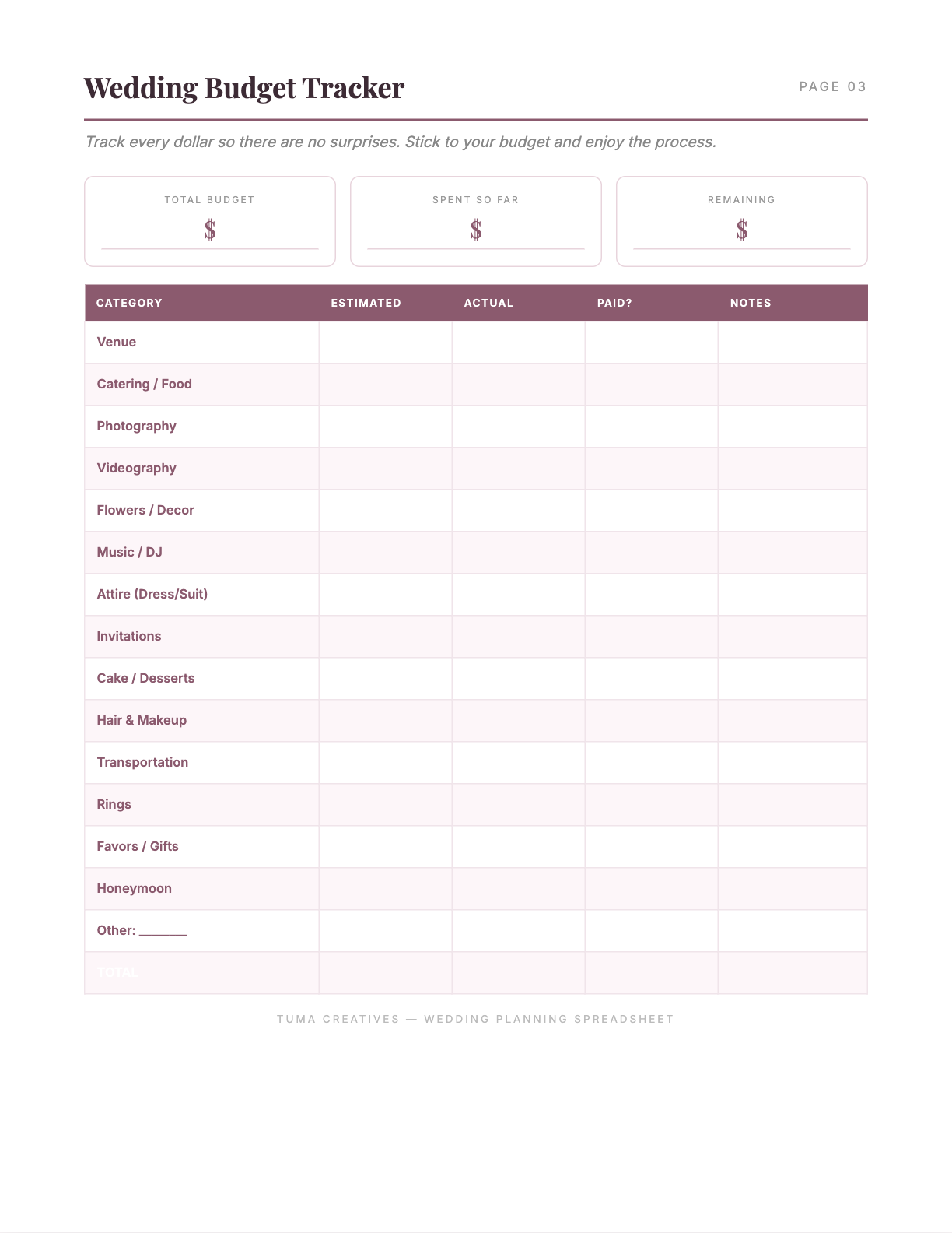 Wedding Planning Spreadsheet