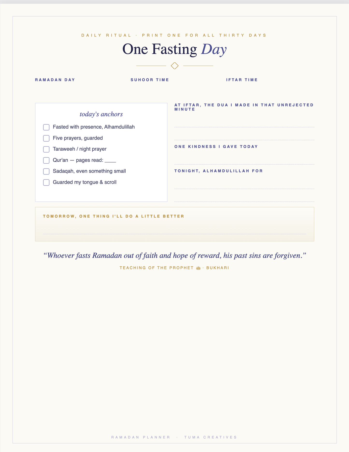 Ramadan Planner — One Fasting Day — daily page