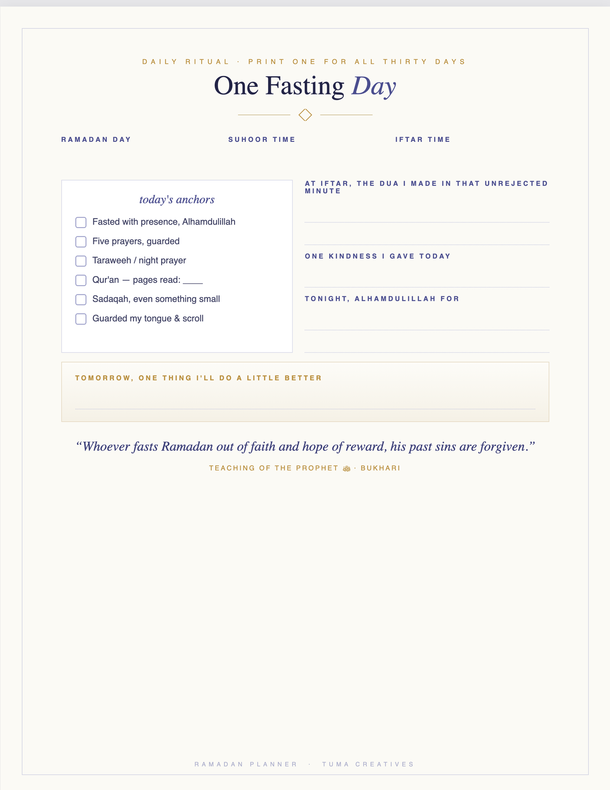 Ramadan Planner — One Fasting Day — daily page