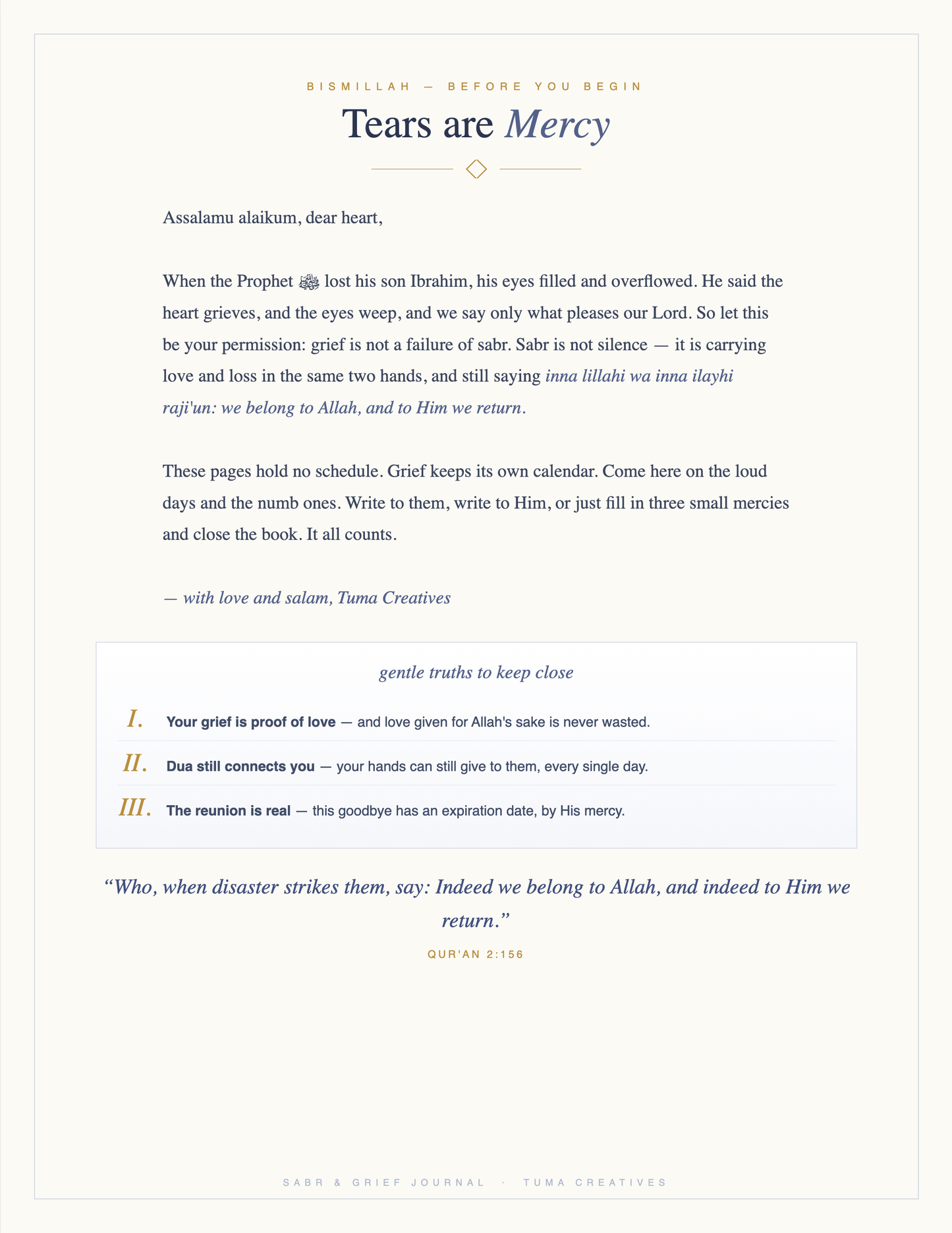 Sabr & Grief Journal — Tears are Mercy — welcome letter