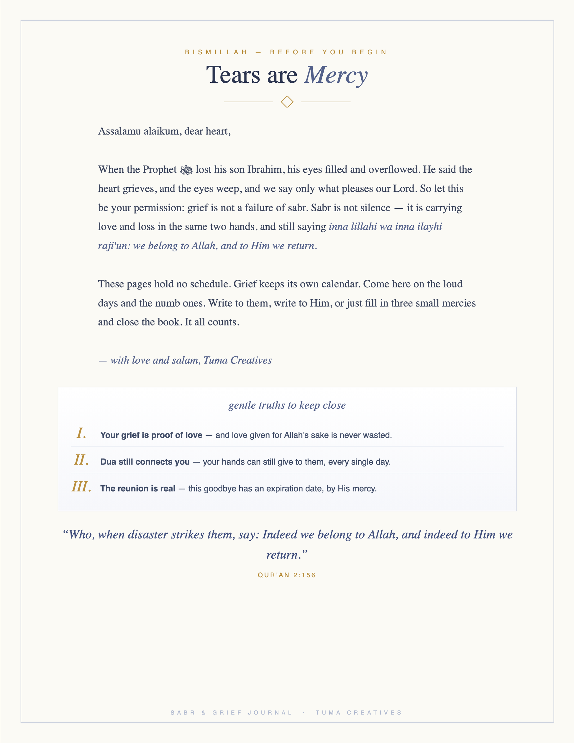 Sabr & Grief Journal — Tears are Mercy — welcome letter