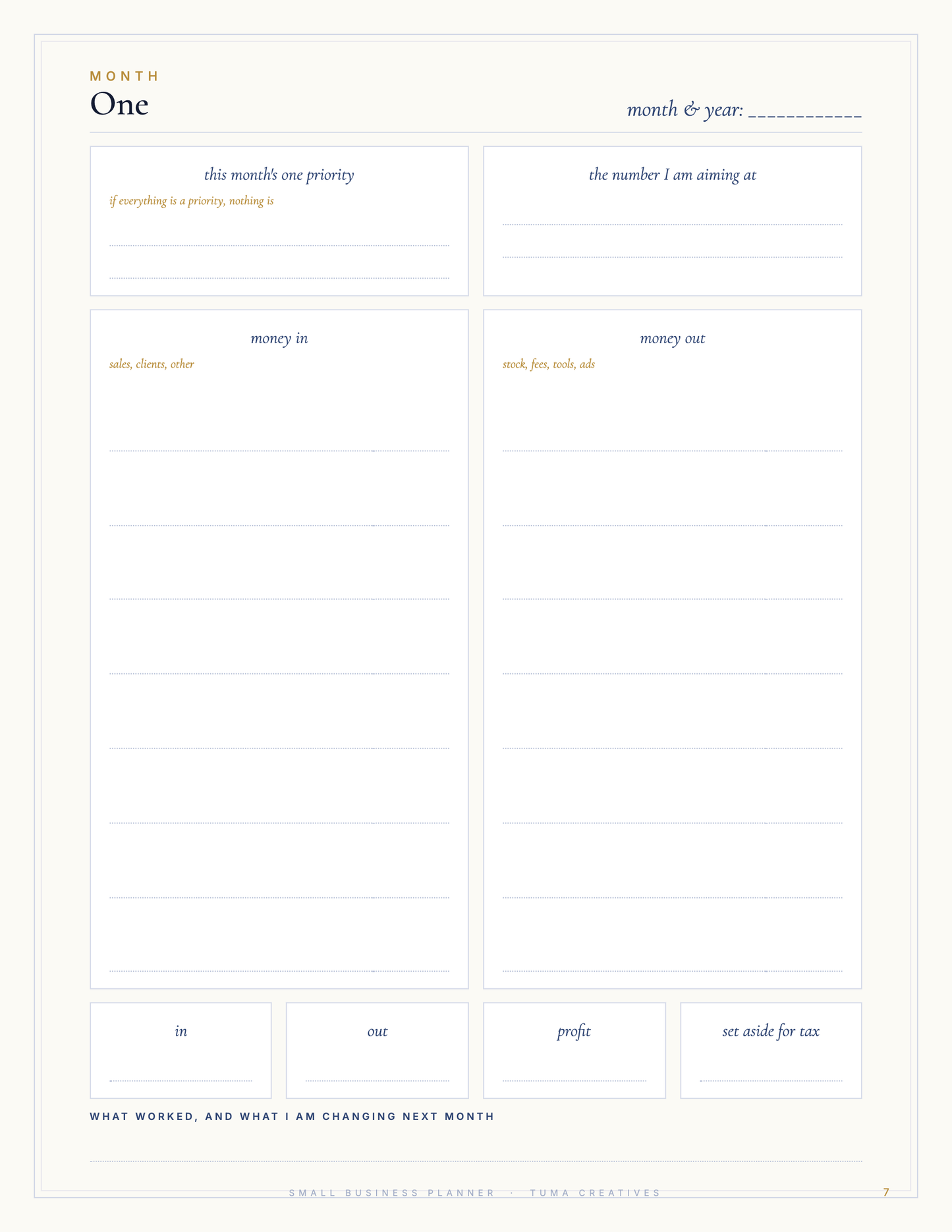 Small Business Planner — a monthly money spread