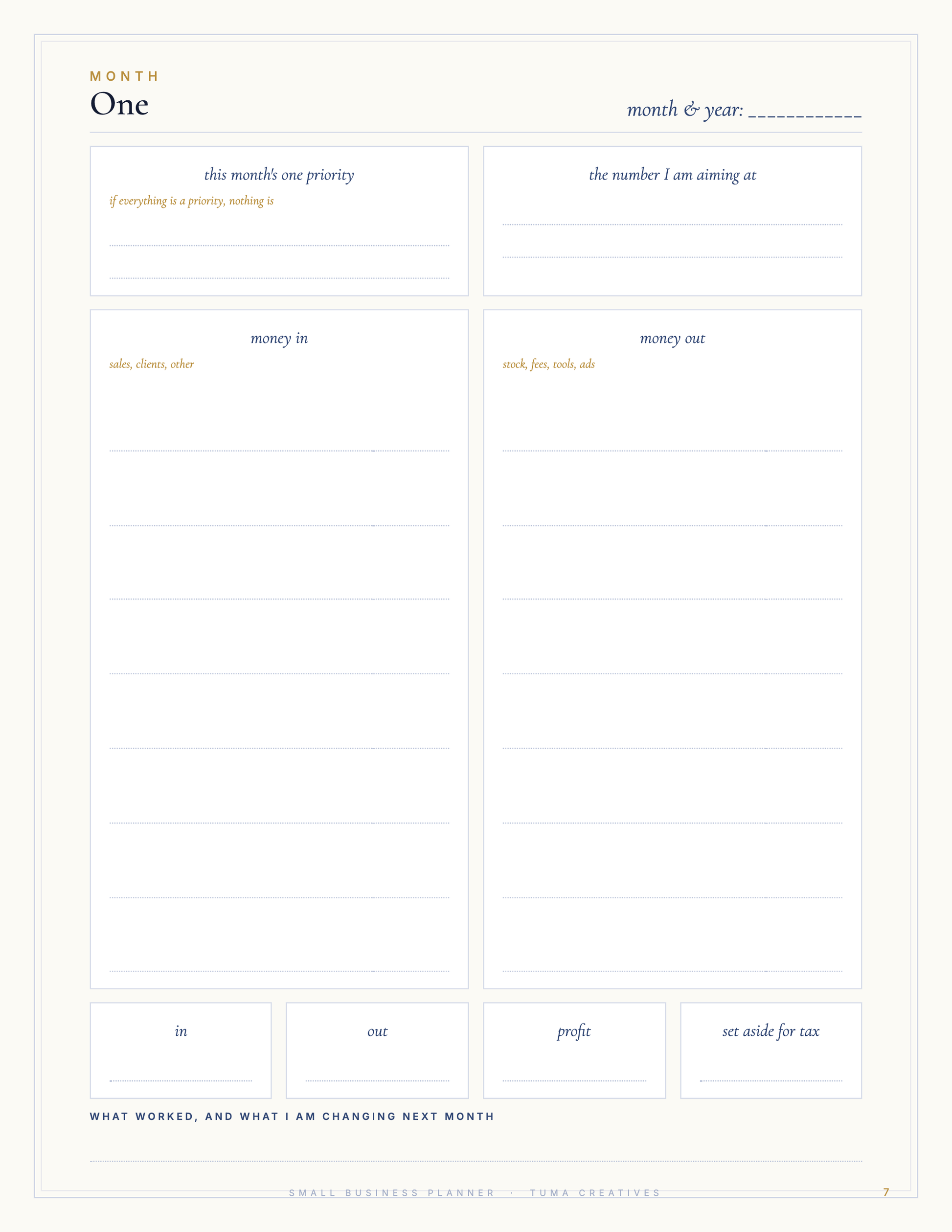 Small Business Planner — a monthly money spread
