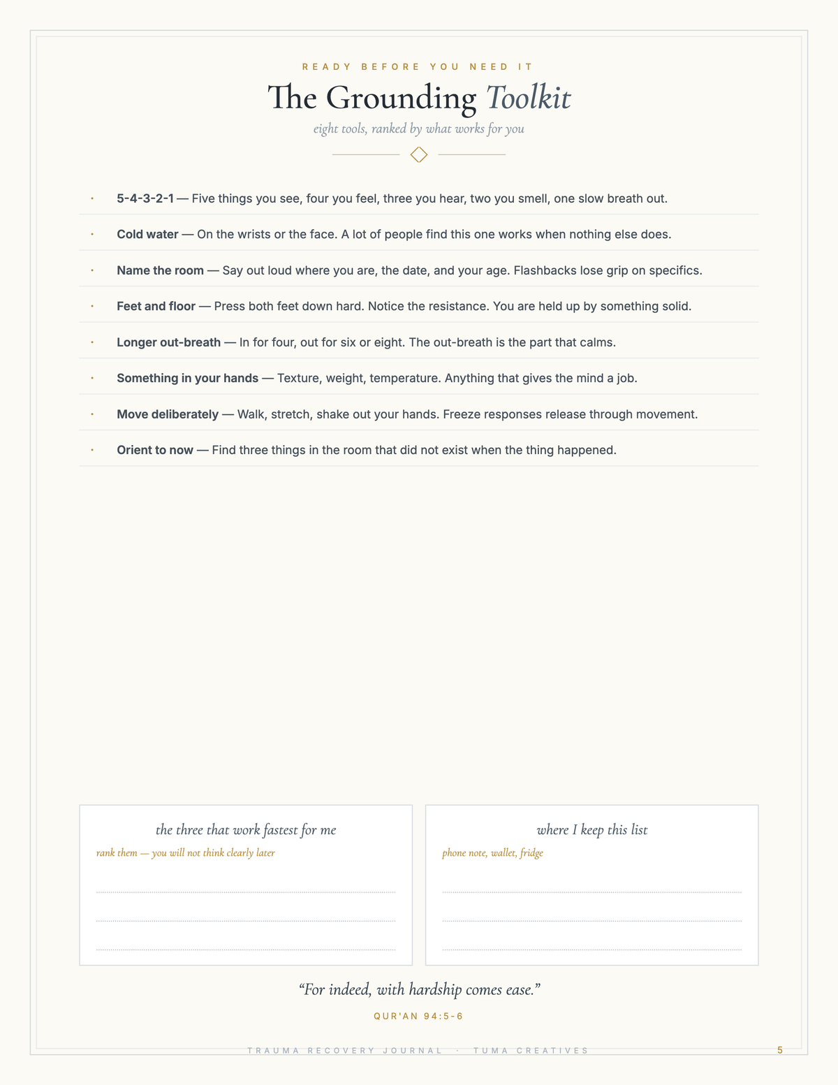 Trauma Recovery Journal — the core pages