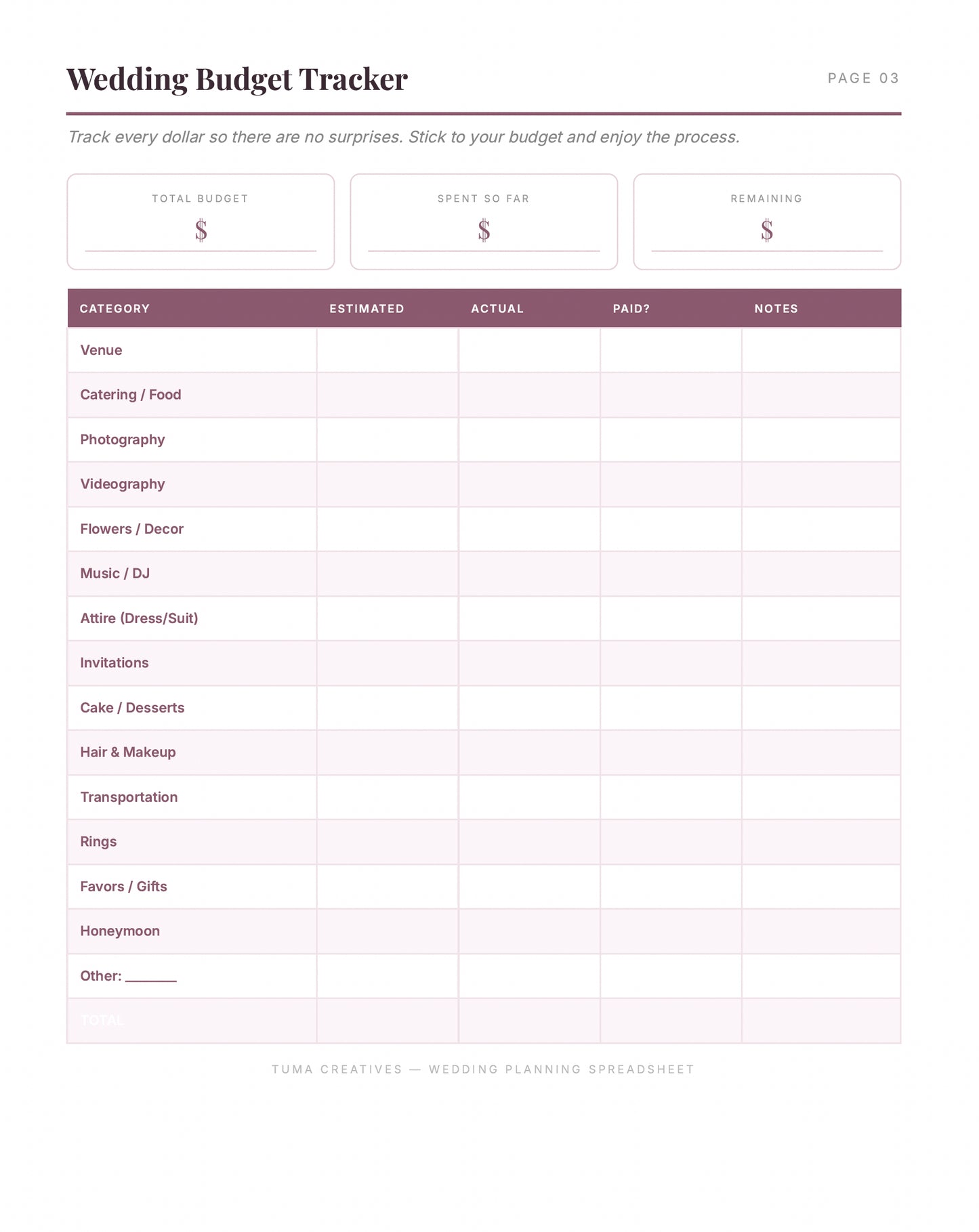 Wedding Planning Spreadsheet