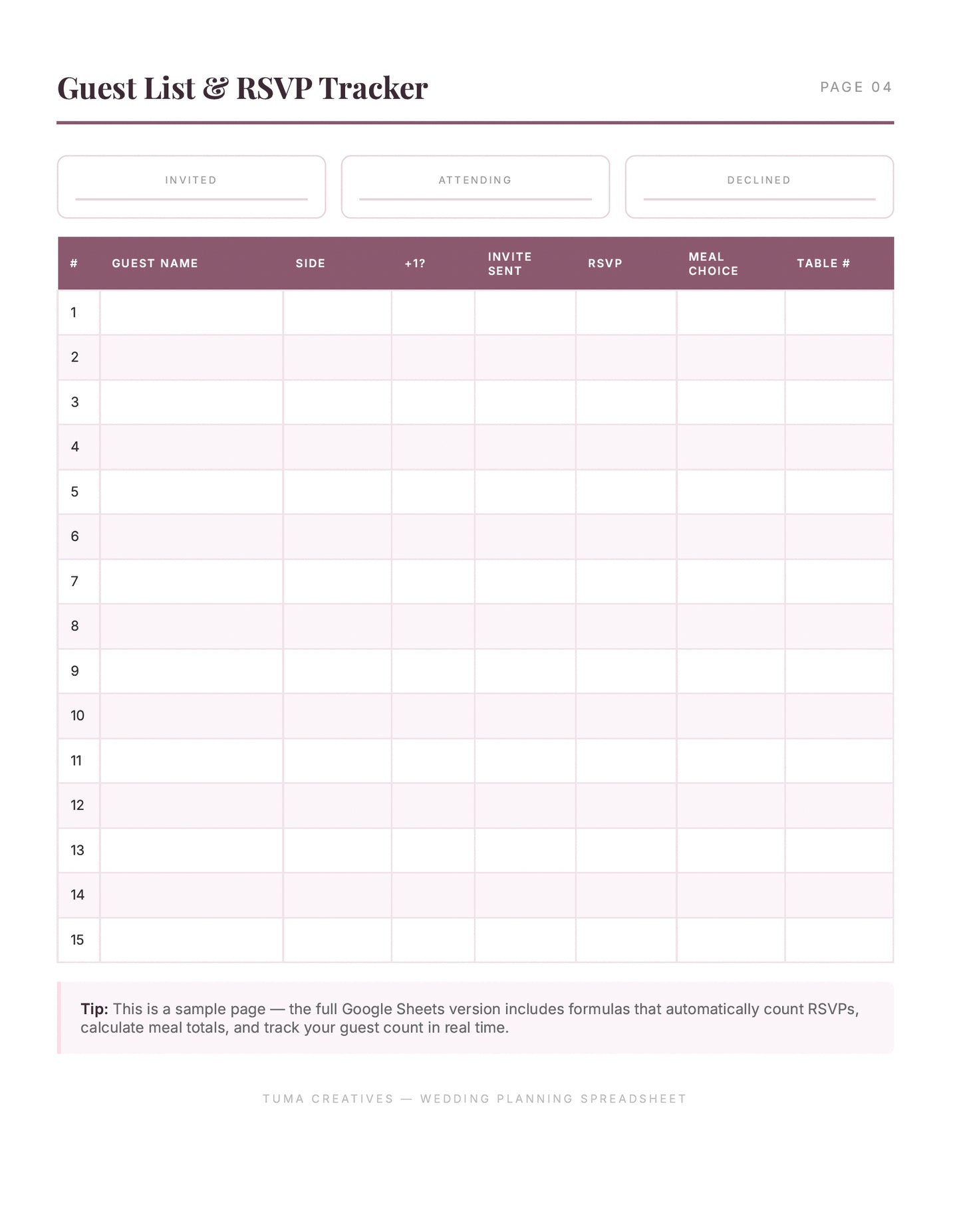 Wedding Planning Spreadsheet